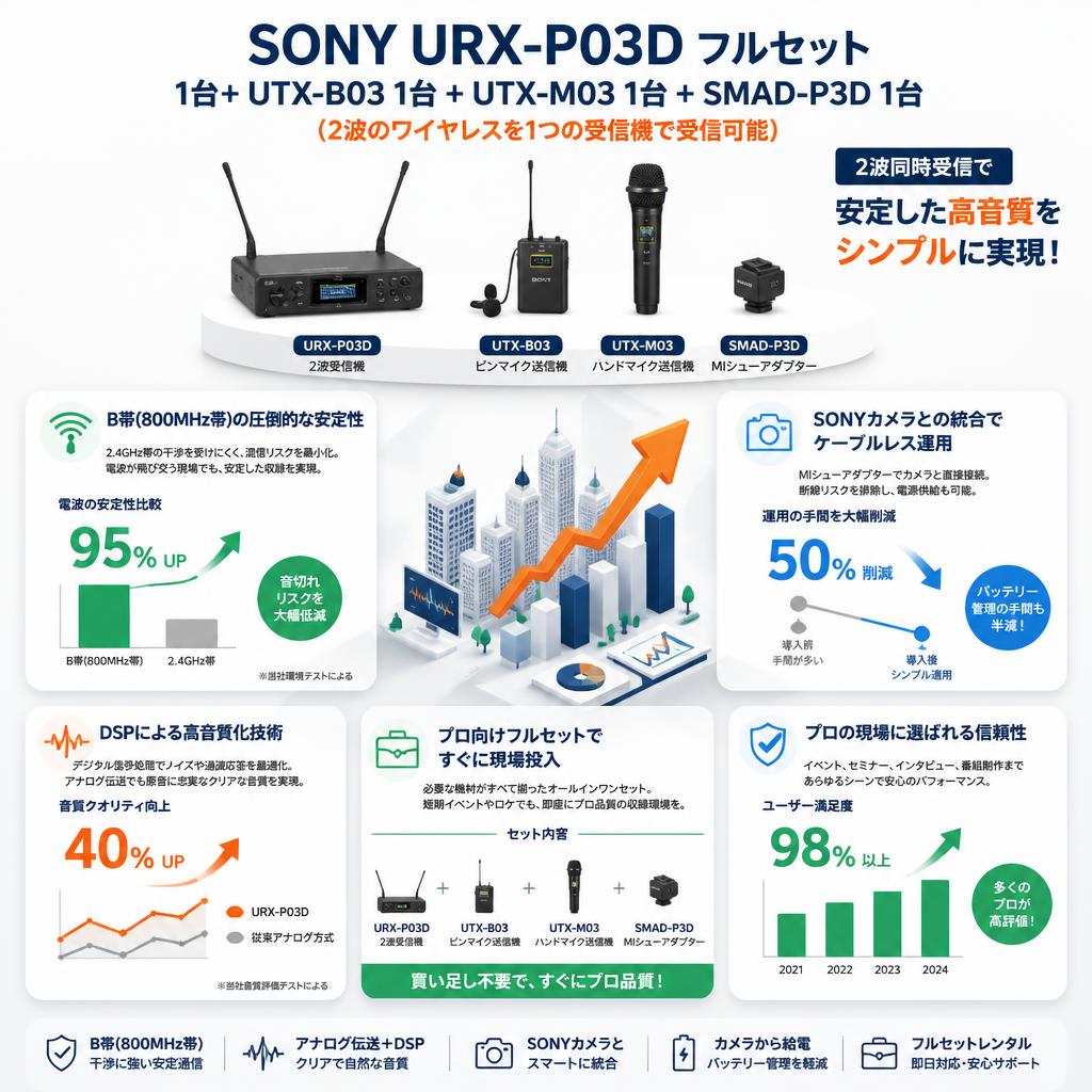 SONY URX-P03D 1台+ UTX-B03 1台 ＋UTX-M03 1台 ＋ SMAD-P3D 1台(2波のワイヤレスを1つの受信機で受信可能) セールスポイント