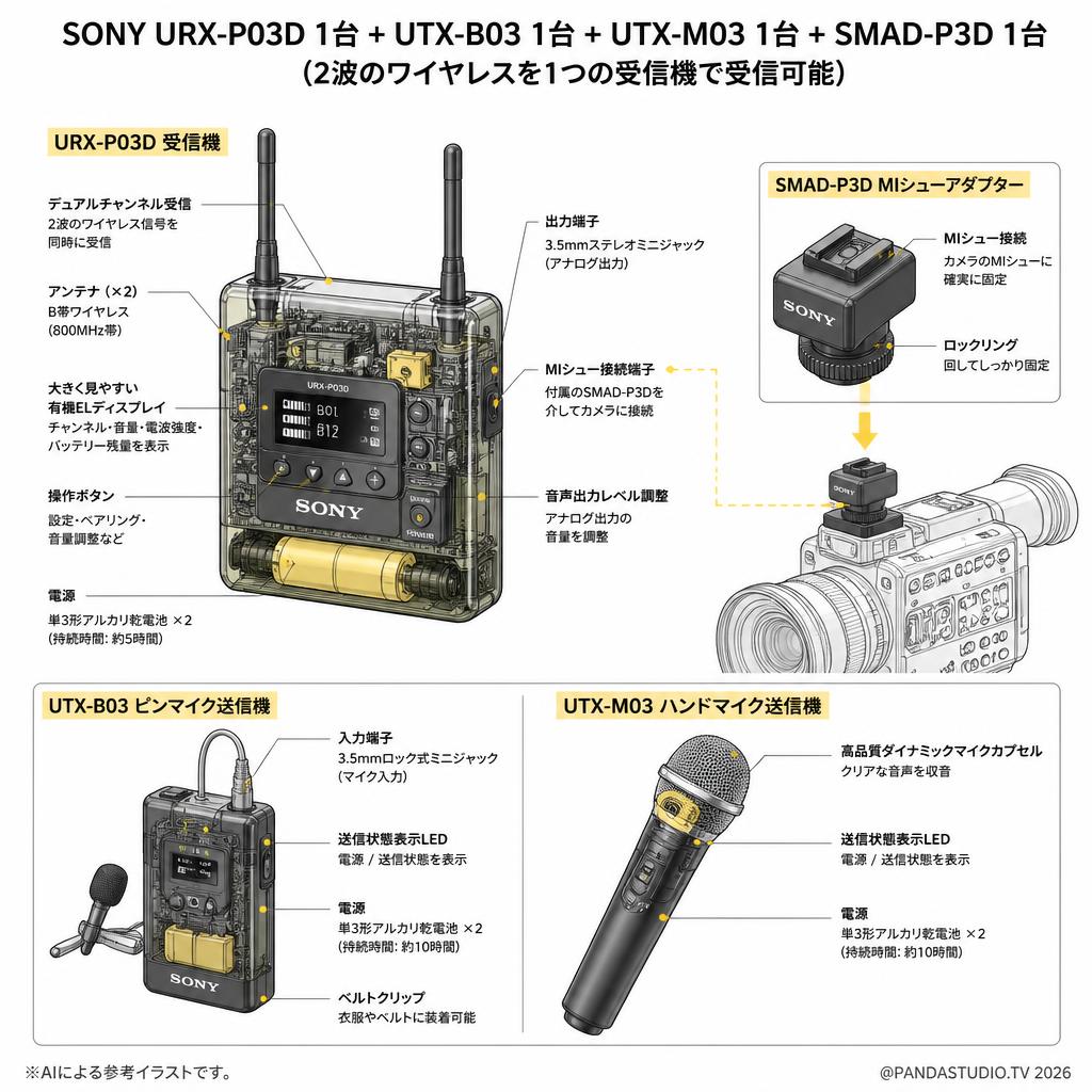 SONY URX-P03D 1台+ UTX-B03 1台 ＋UTX-M03 1台 ＋ SMAD-P3D 1台(2波のワイヤレスを1つの受信機で受信可能) スペック