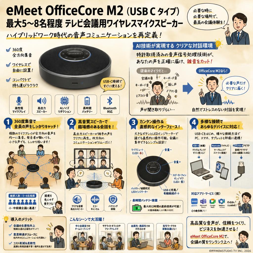 eMeet OfficeCore M2（USB C タイプ）最大5-8名程度 テレビ会議用ワイヤレスマイクスピーカー 概要