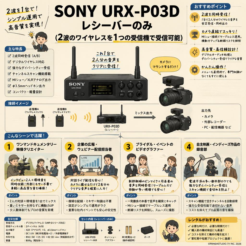 SONY URX-P03D レシーバーのみ(2波のワイヤレスを1つの受信機で受信可能) おもな対象のお客様