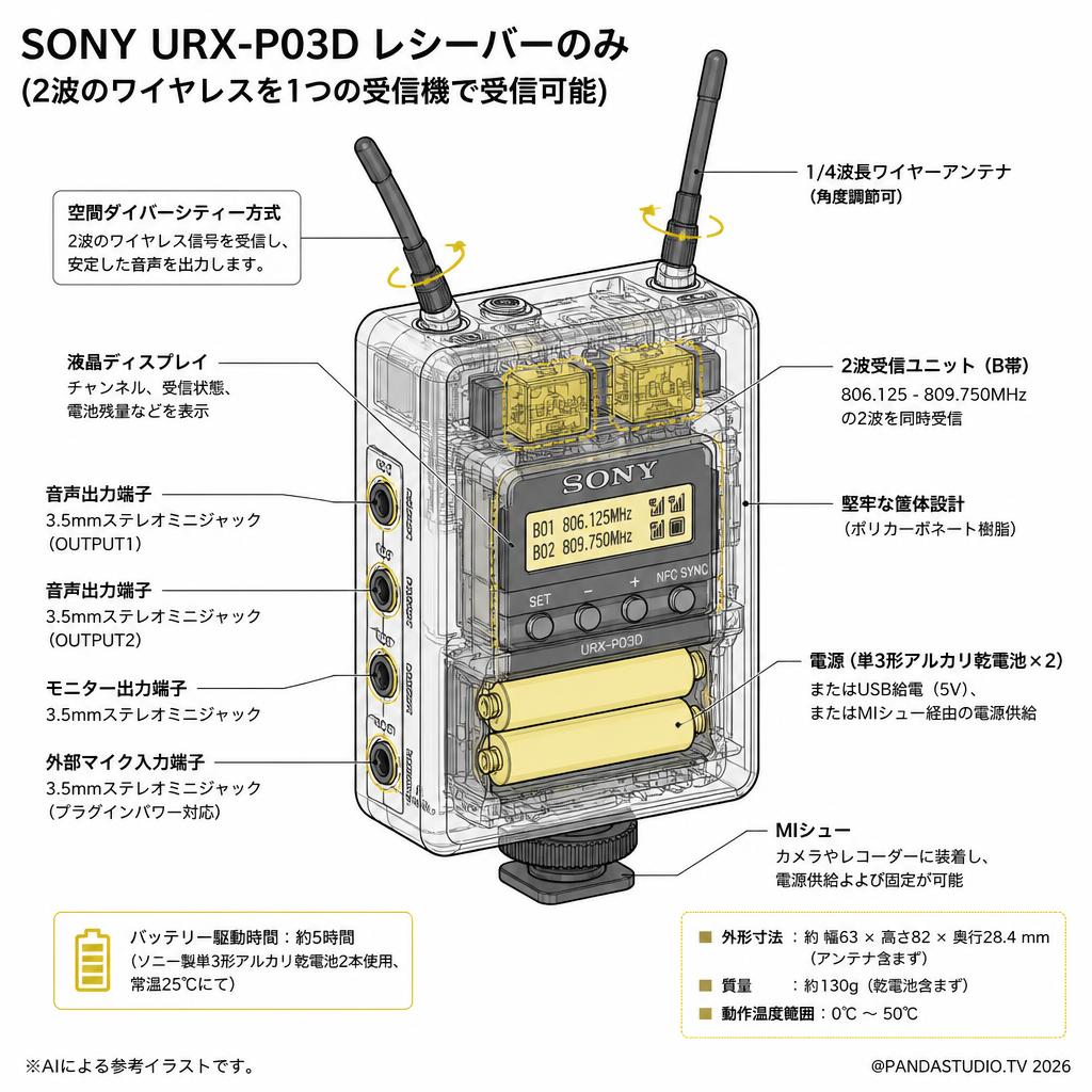 SONY URX-P03D レシーバーのみ(2波のワイヤレスを1つの受信機で受信可能) スペック