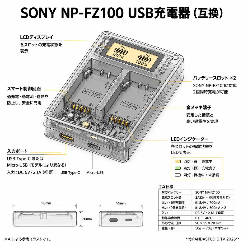 SONY NP-FZ100 USB充電器 (互換） スペック
