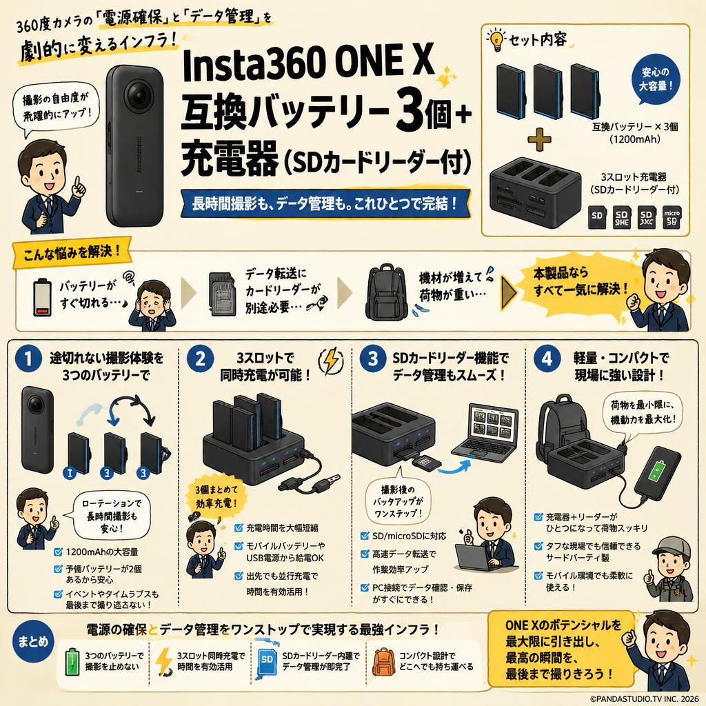 Insta360 ONE X 互換バッテリー 3個 ＋ 充電器（SDカードリーダー付） 概要