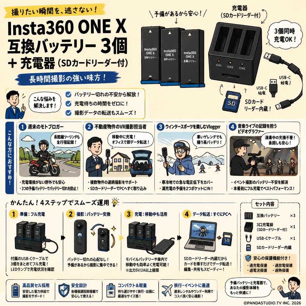 Insta360 ONE X 互換バッテリー 3個 ＋ 充電器（SDカードリーダー付） おもな対象のお客様