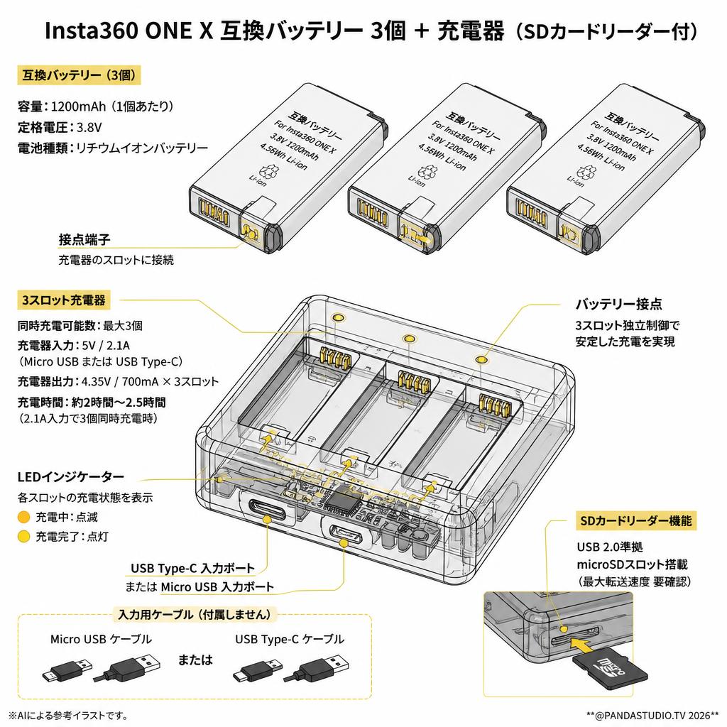 Insta360 ONE X 互換バッテリー 3個 ＋ 充電器（SDカードリーダー付） スペック