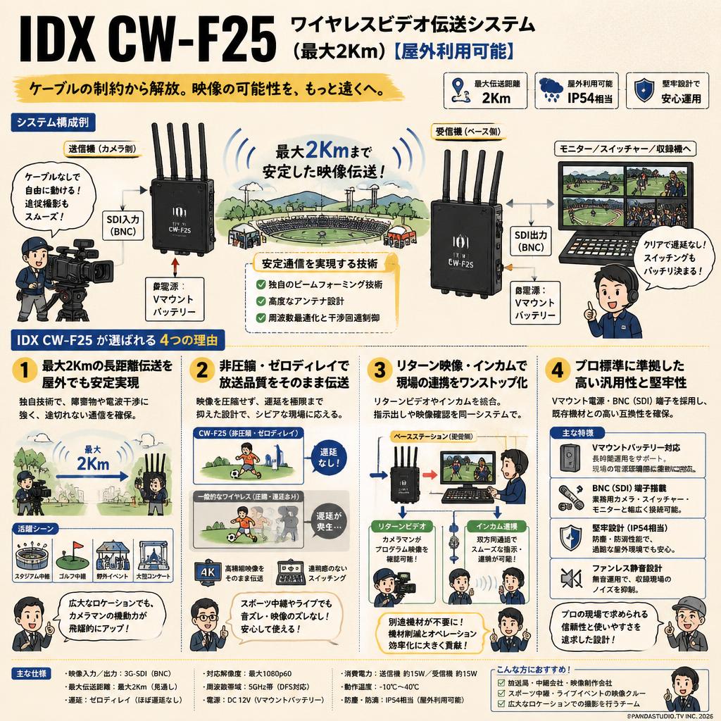 IDX CW-F25 ワイヤレスビデオ伝送システム（最大2Km）【屋外利用可能】 概要