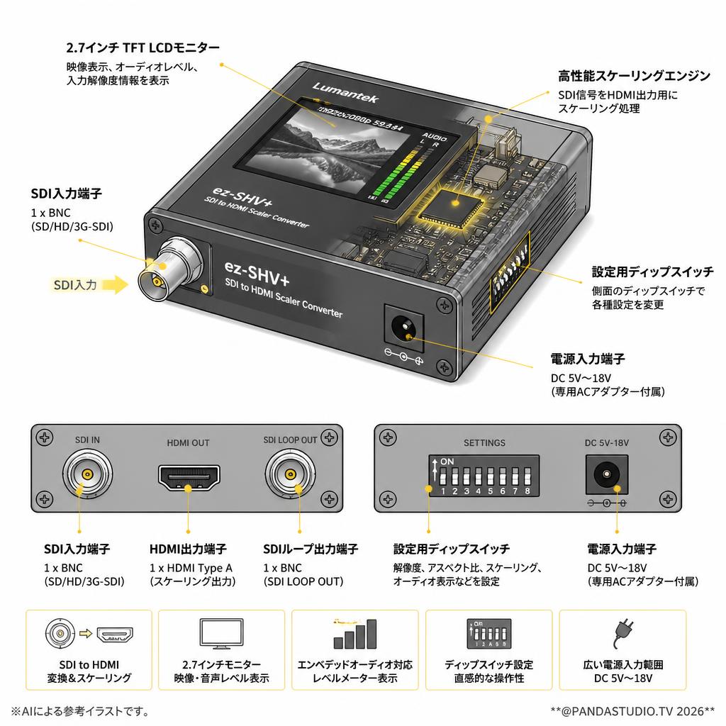 Lumantek ez-SHV+ (SDI to HDMI スケーラー付コンバータ 2.7インチモニター付 ） スペック