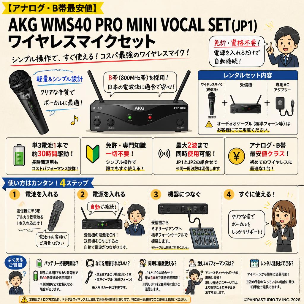 【アナログ・B帯最安値】AKG WMS40 PRO MINI VOCAL SET(JP1) ワイヤレスマイクセット FAQ（よくある質問と答え）