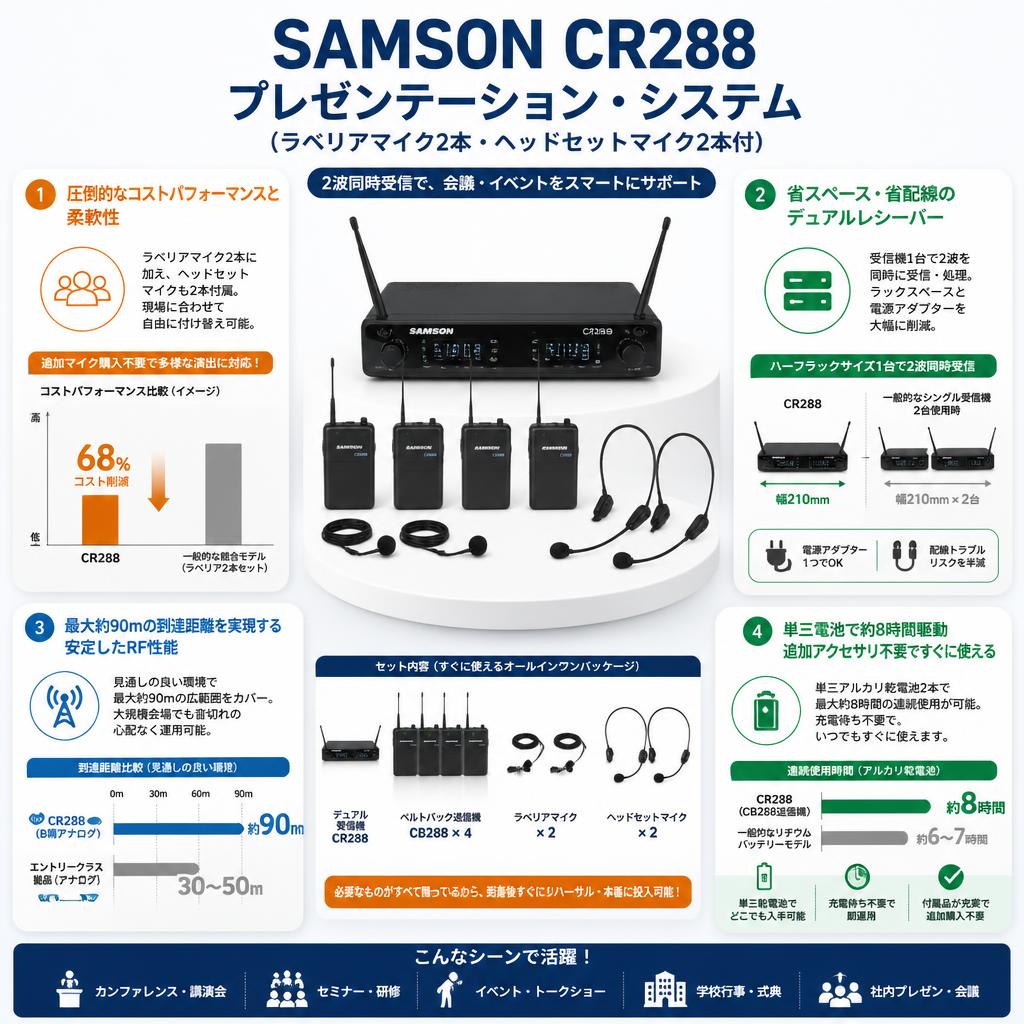SAMSON CR288 プレゼンテーション・システム（ラベリアマイク2本・ヘッドセットマイク2本付） セールスポイント