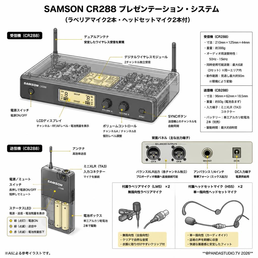 SAMSON CR288 プレゼンテーション・システム（ラベリアマイク2本・ヘッドセットマイク2本付） スペック