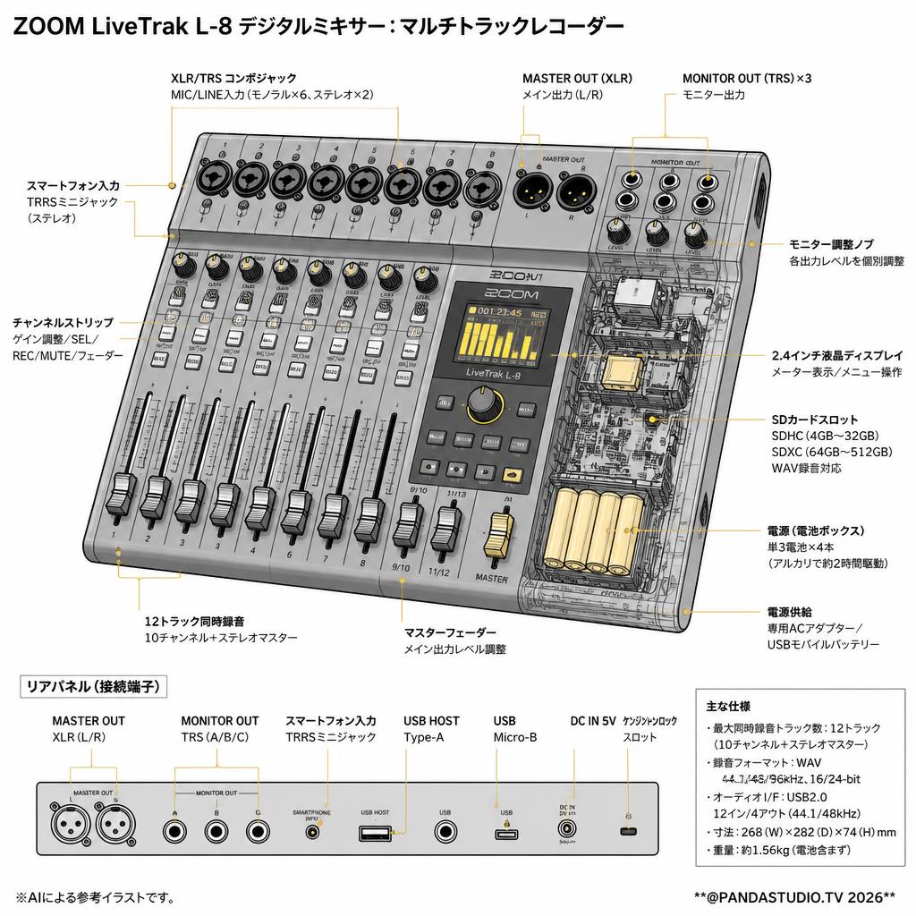 ZOOM LiveTrak L-8 デジタルミキサー：マルチトラックレコーダー スペック