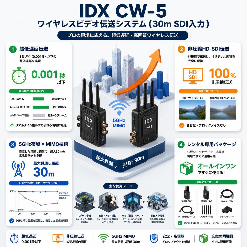 IDX CW-5ワイヤレスビデオ伝送システム（30m SDI入力） セールスポイント