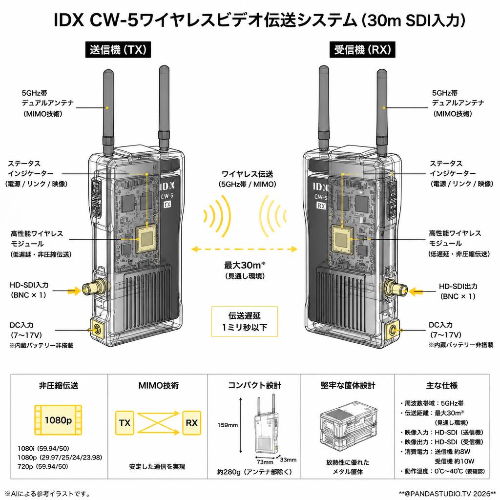 IDX CW-5ワイヤレスビデオ伝送システム（30m SDI入力） スペック