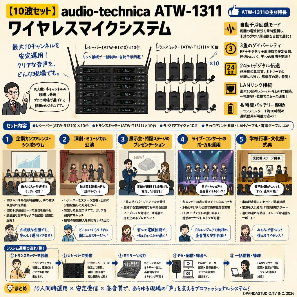 【10波セット】audio-technica ATW-1311 ワイヤレスマイクシステム 用途