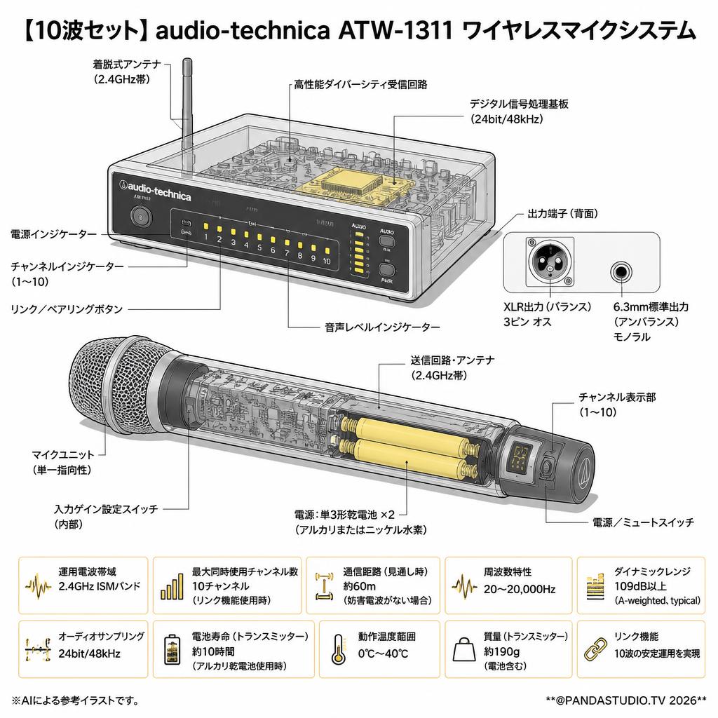 【10波セット】audio-technica ATW-1311 ワイヤレスマイクシステム スペック