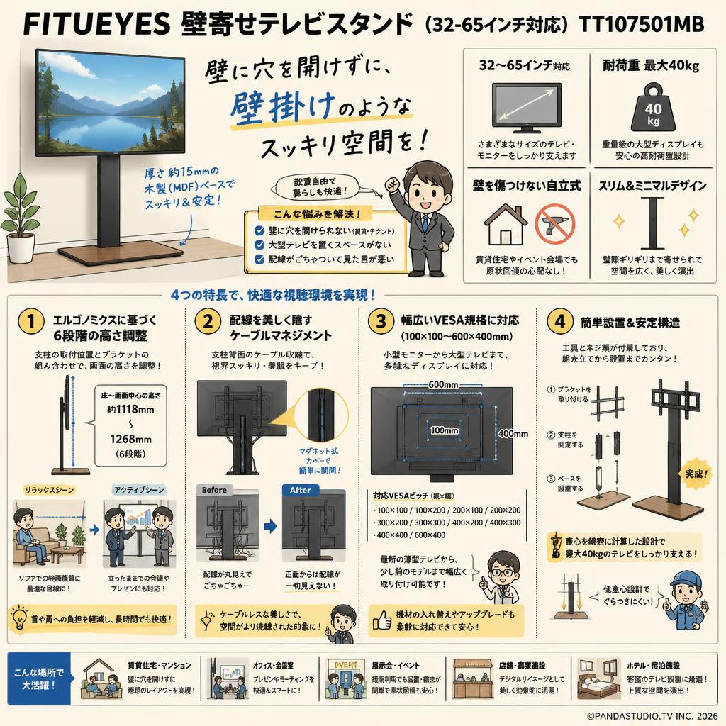 FITUEYES 壁寄せテレビスタンド（32-65インチ対応）TT107501MB 概要