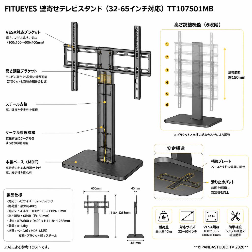 FITUEYES 壁寄せテレビスタンド（32-65インチ対応）TT107501MB スペック