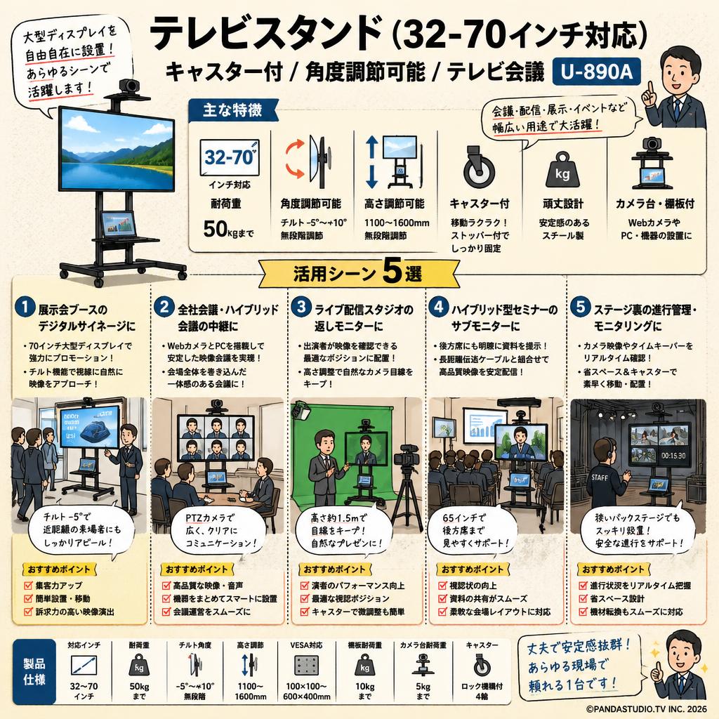 テレビスタンド（32-70インチ対応）キャスター付/角度調節可能/テレビ会議 U-890A 用途