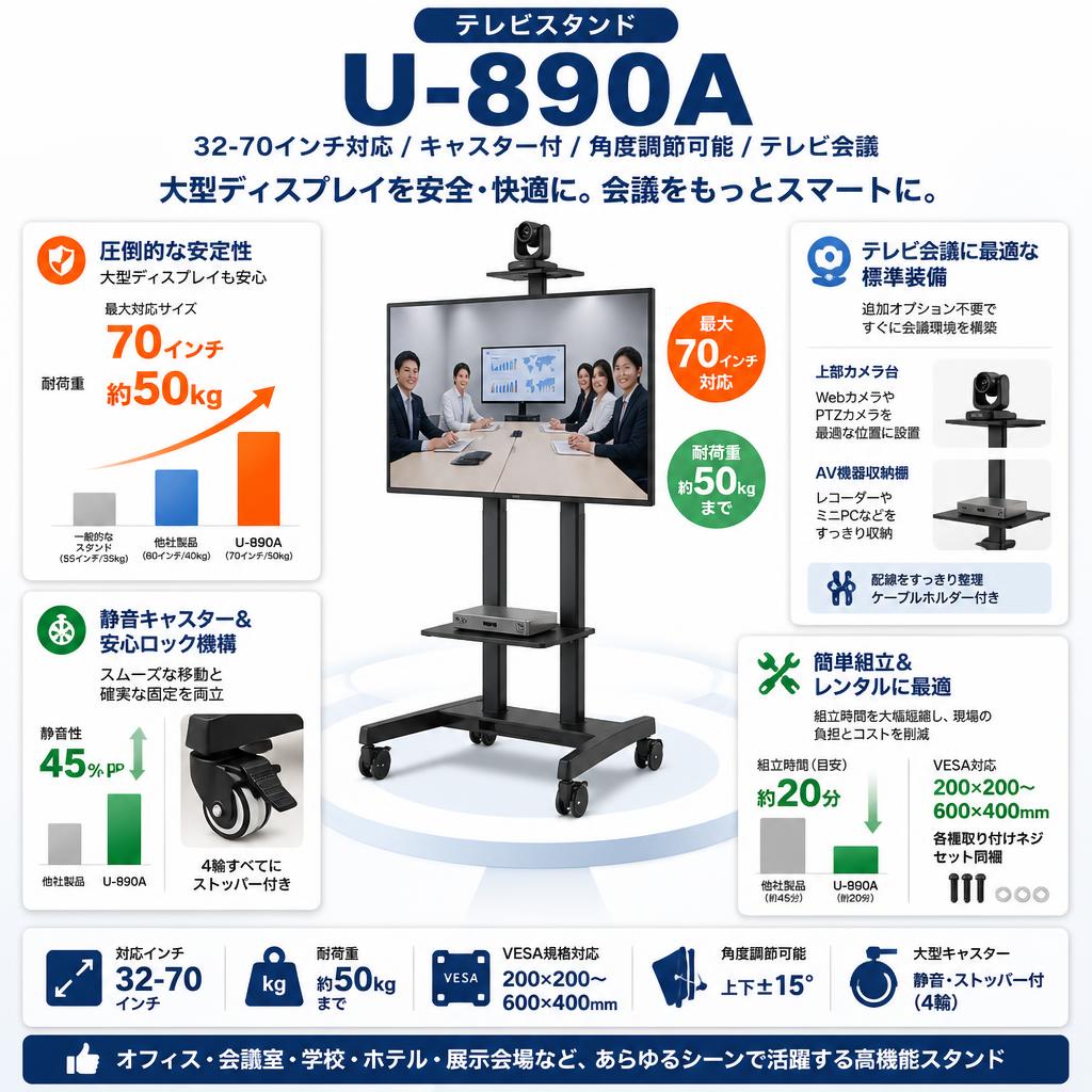 テレビスタンド（32-70インチ対応）キャスター付/角度調節可能/テレビ会議 U-890A セールスポイント