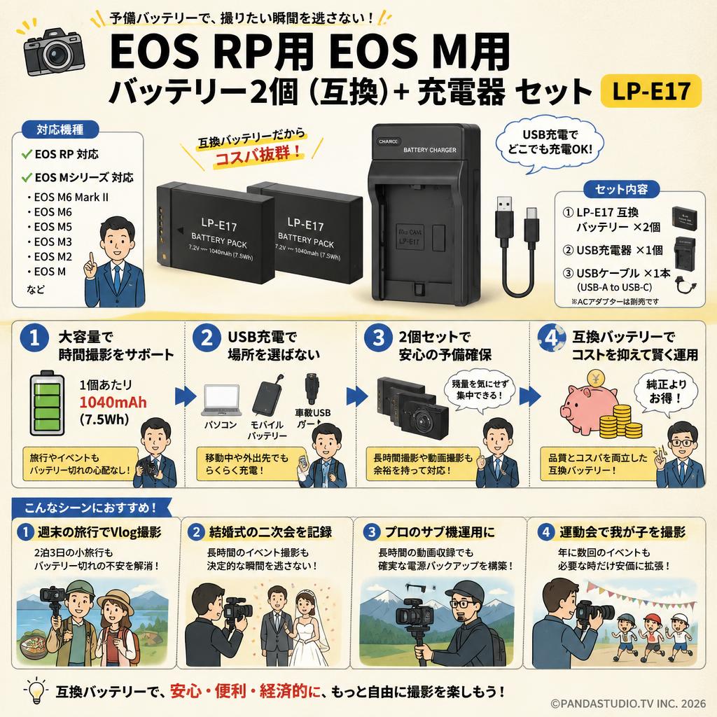 EOS RP用 EOS M用 バッテリー2個（互換）+ 充電器 セット LP-E17 おもな対象のお客様
