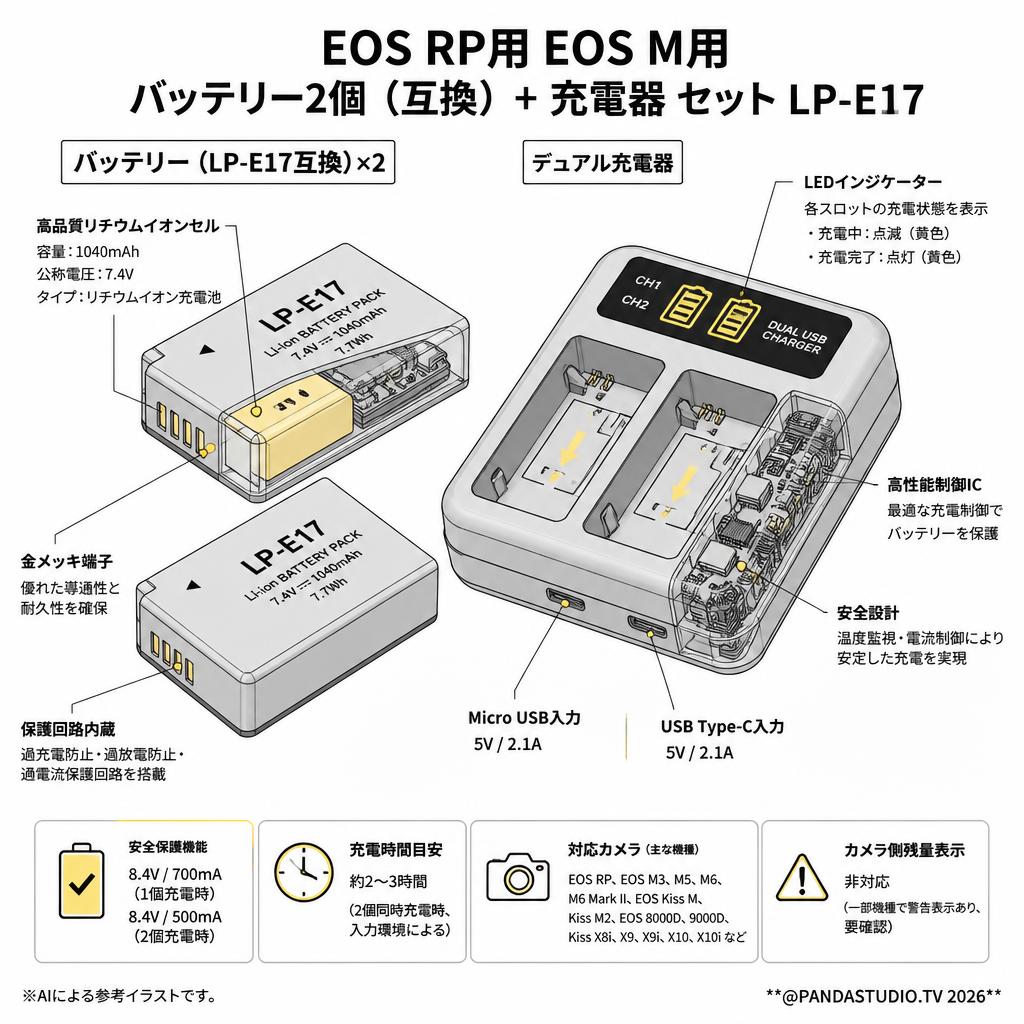 EOS RP用 EOS M用 バッテリー2個（互換）+ 充電器 セット LP-E17 スペック