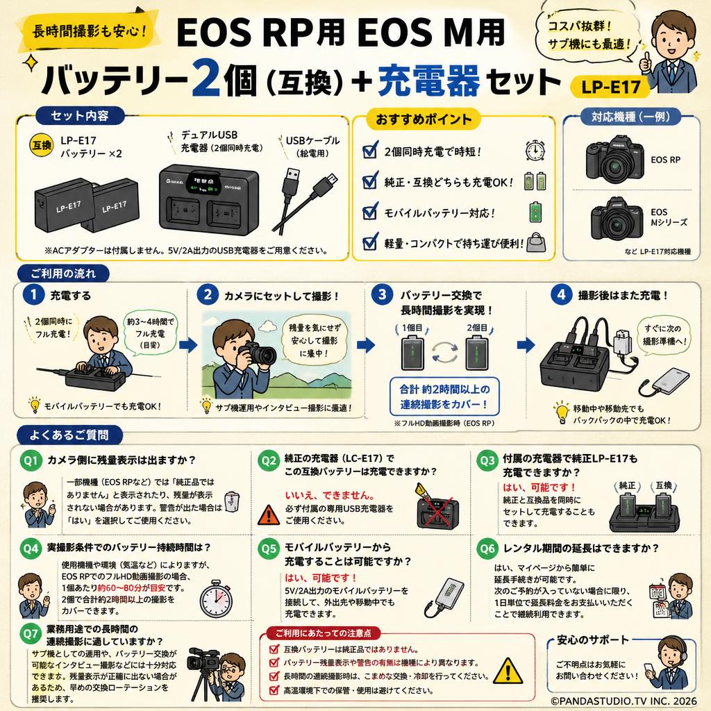 EOS RP用 EOS M用 バッテリー2個（互換）+ 充電器 セット LP-E17 FAQ（よくある質問と答え）