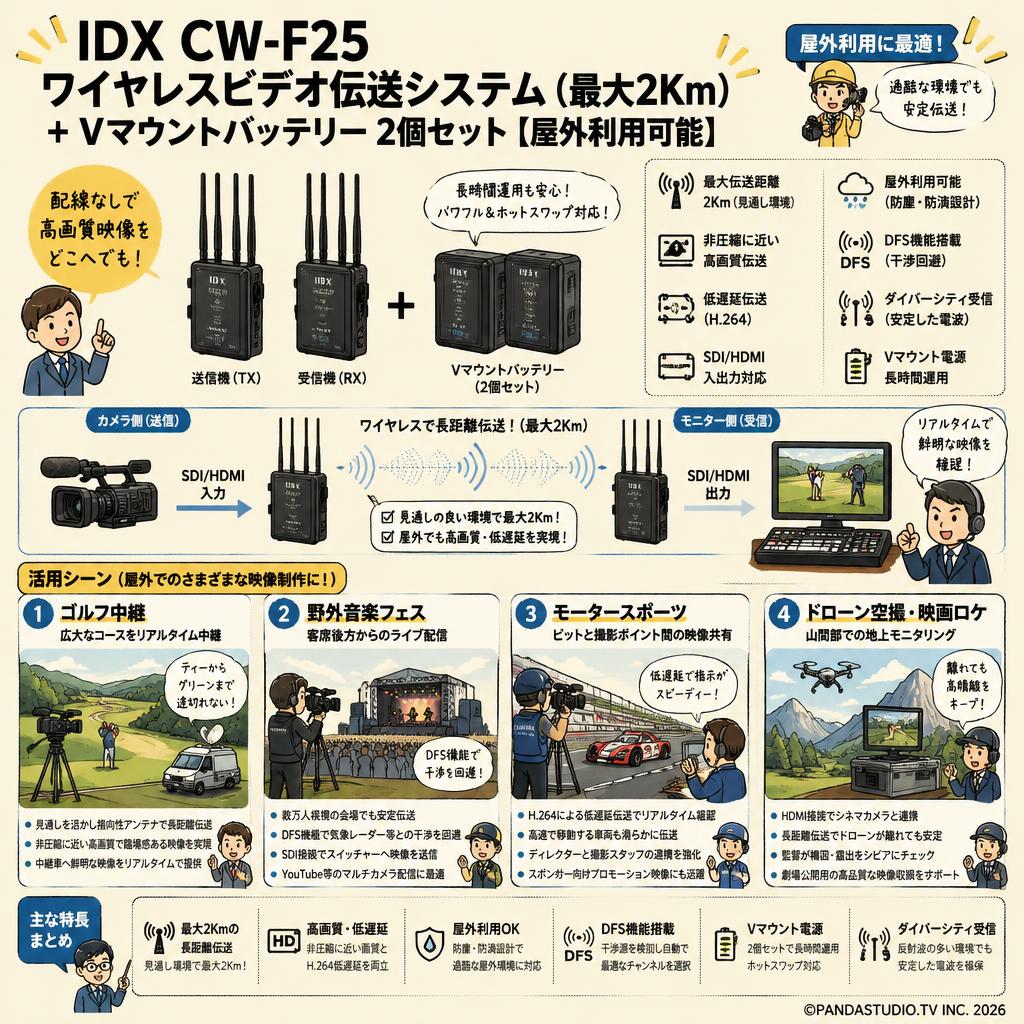 IDX CW-F25 ワイヤレスビデオ伝送システム（最大2Km）+ Vマウントバッテリー 2個セット【屋外利用可能】 用途