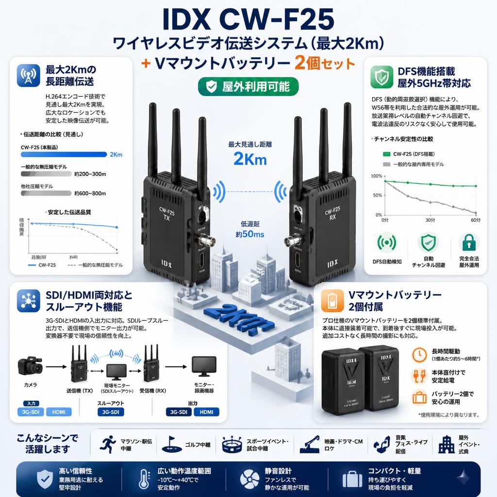 IDX CW-F25 ワイヤレスビデオ伝送システム（最大2Km）+ Vマウントバッテリー 2個セット【屋外利用可能】 セールスポイント