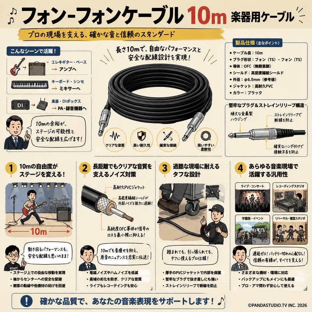 フォンｰフォンケーブル 10m 楽器用ケーブル 概要