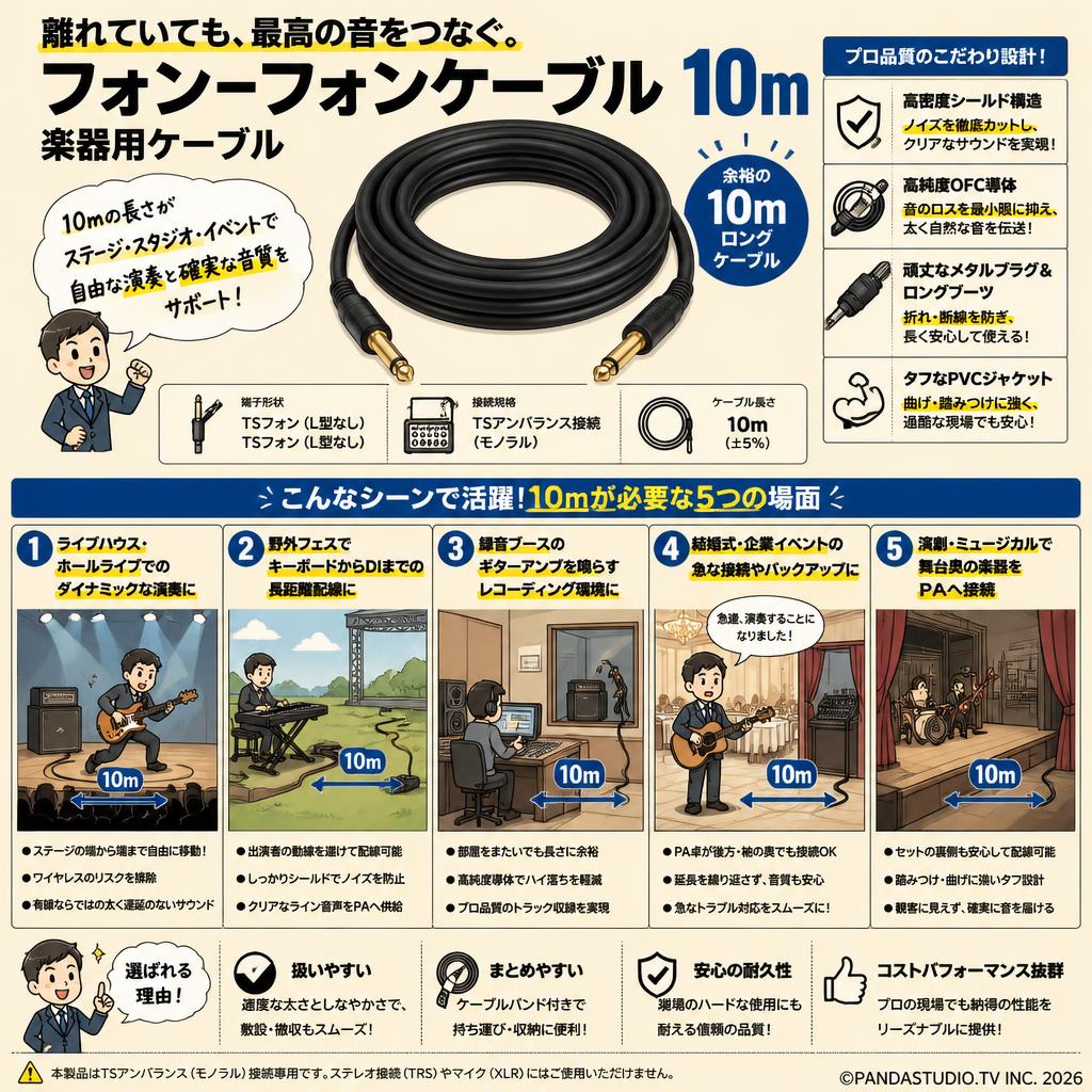 フォンｰフォンケーブル 10m 楽器用ケーブル 用途