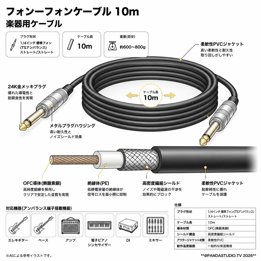 フォンｰフォンケーブル 10m 楽器用ケーブル スペック