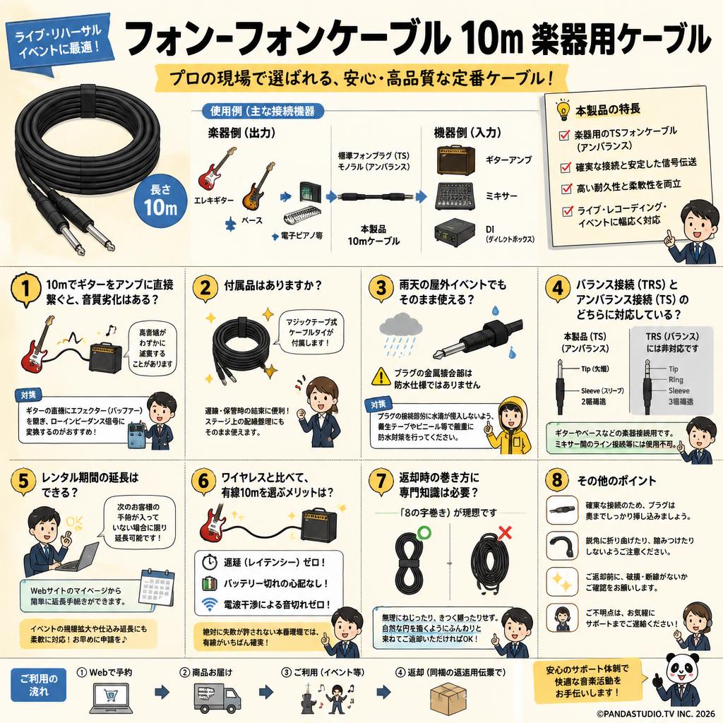 フォンｰフォンケーブル 10m 楽器用ケーブル FAQ（よくある質問と答え）
