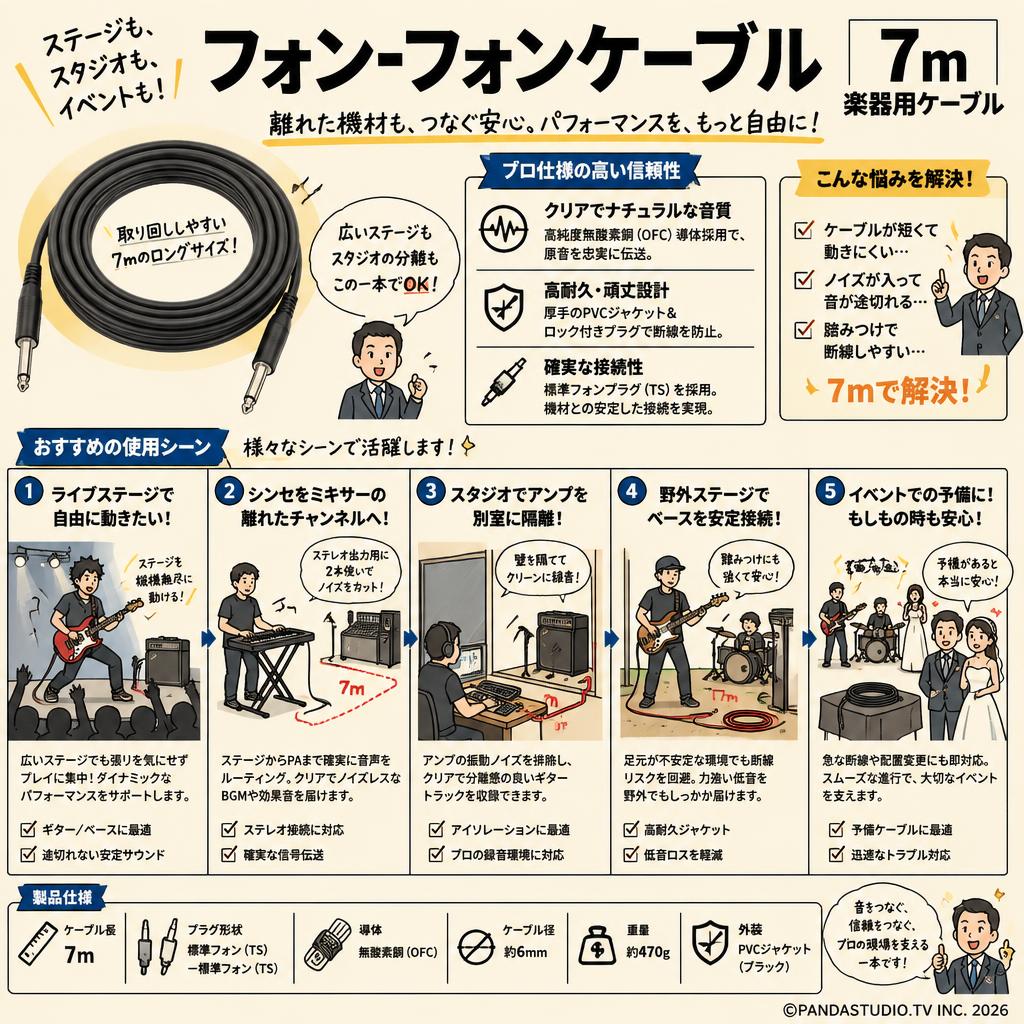 フォンｰフォンケーブル 7m 楽器用ケーブル 用途