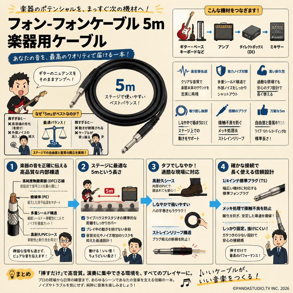 フォンｰフォンケーブル 5m 楽器用ケーブル 概要