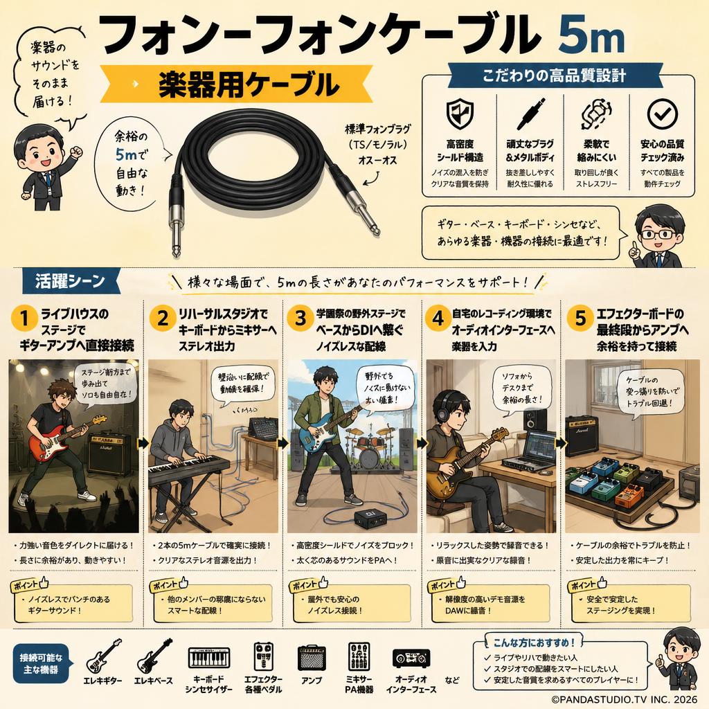 フォンｰフォンケーブル 5m 楽器用ケーブル 用途