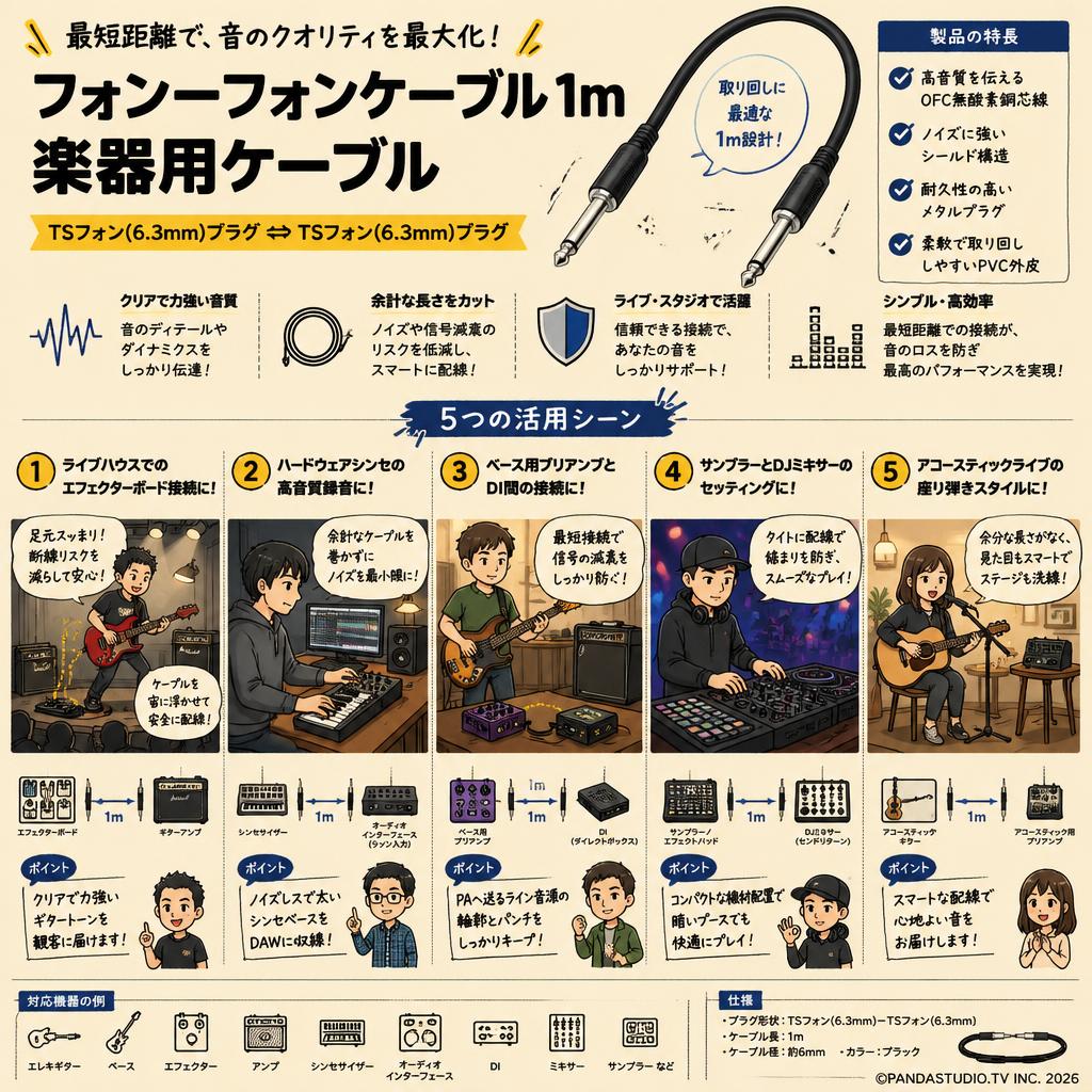 フォンｰフォンケーブル 1m 楽器用ケーブル 用途