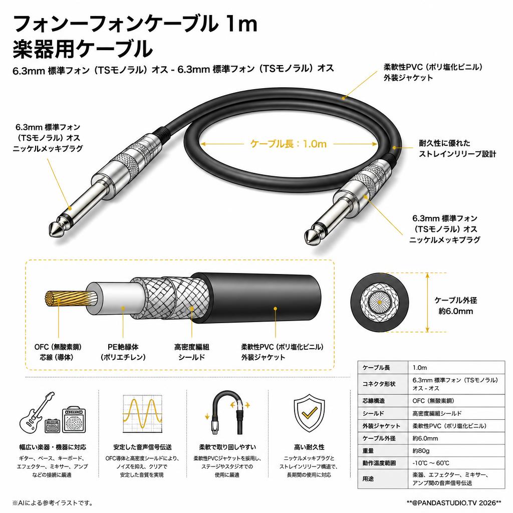 フォンｰフォンケーブル 1m 楽器用ケーブル スペック