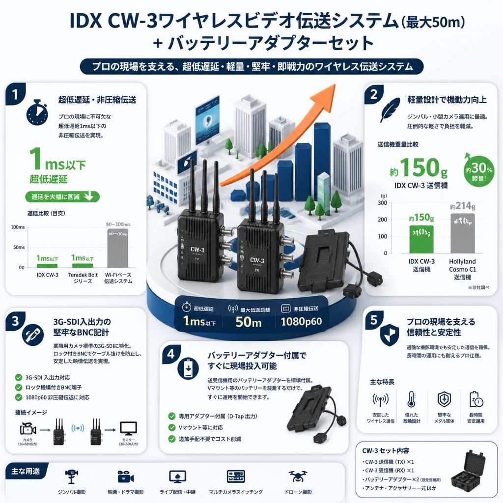 IDX CW-3ワイヤレスビデオ伝送システム(最大50m）+  バッテリーアダプターセット セールスポイント