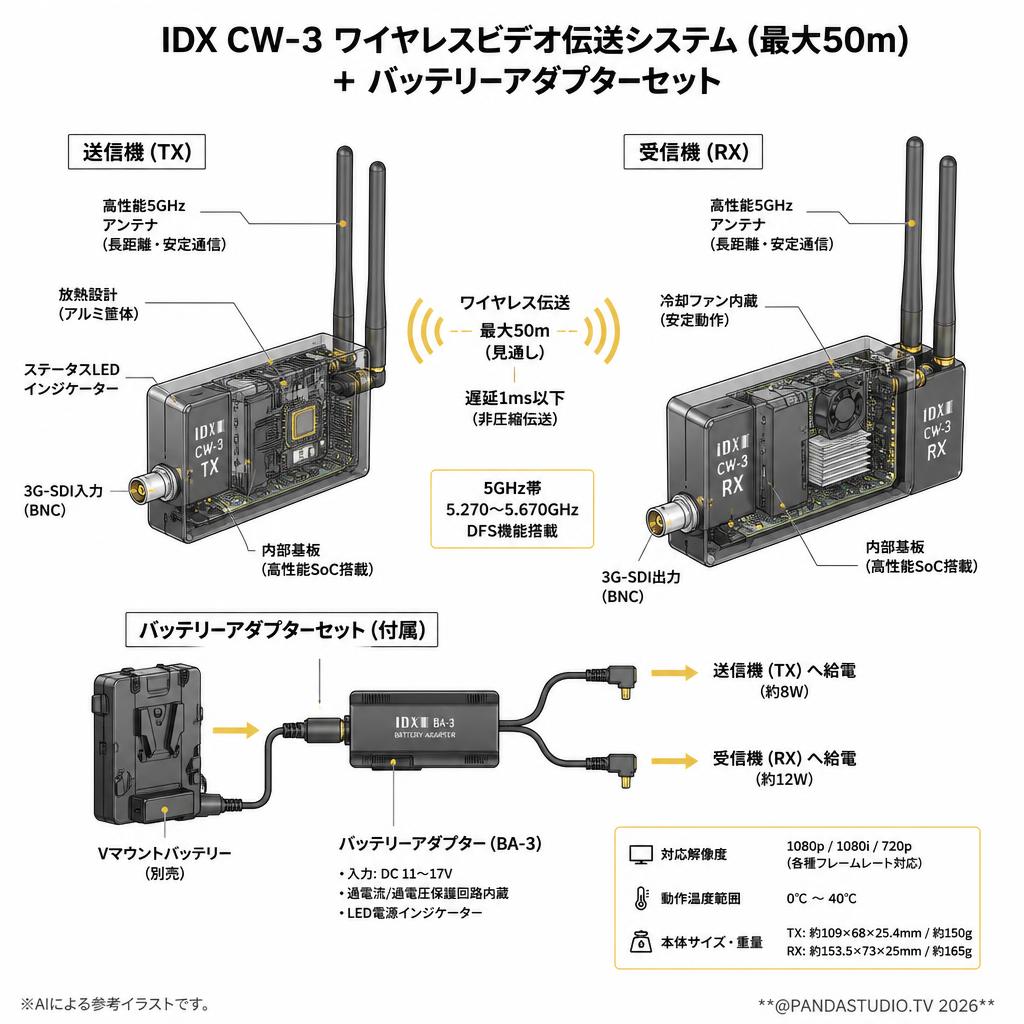 IDX CW-3ワイヤレスビデオ伝送システム(最大50m）+  バッテリーアダプターセット スペック