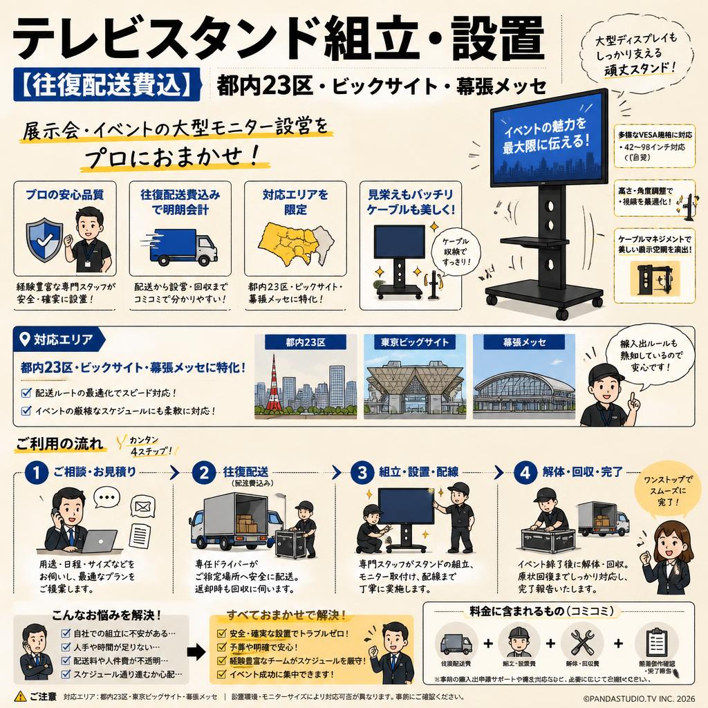 テレビスタンド組立  設置 【往復配送費込】都内23区•ビックサイト•幕張メッセ 概要