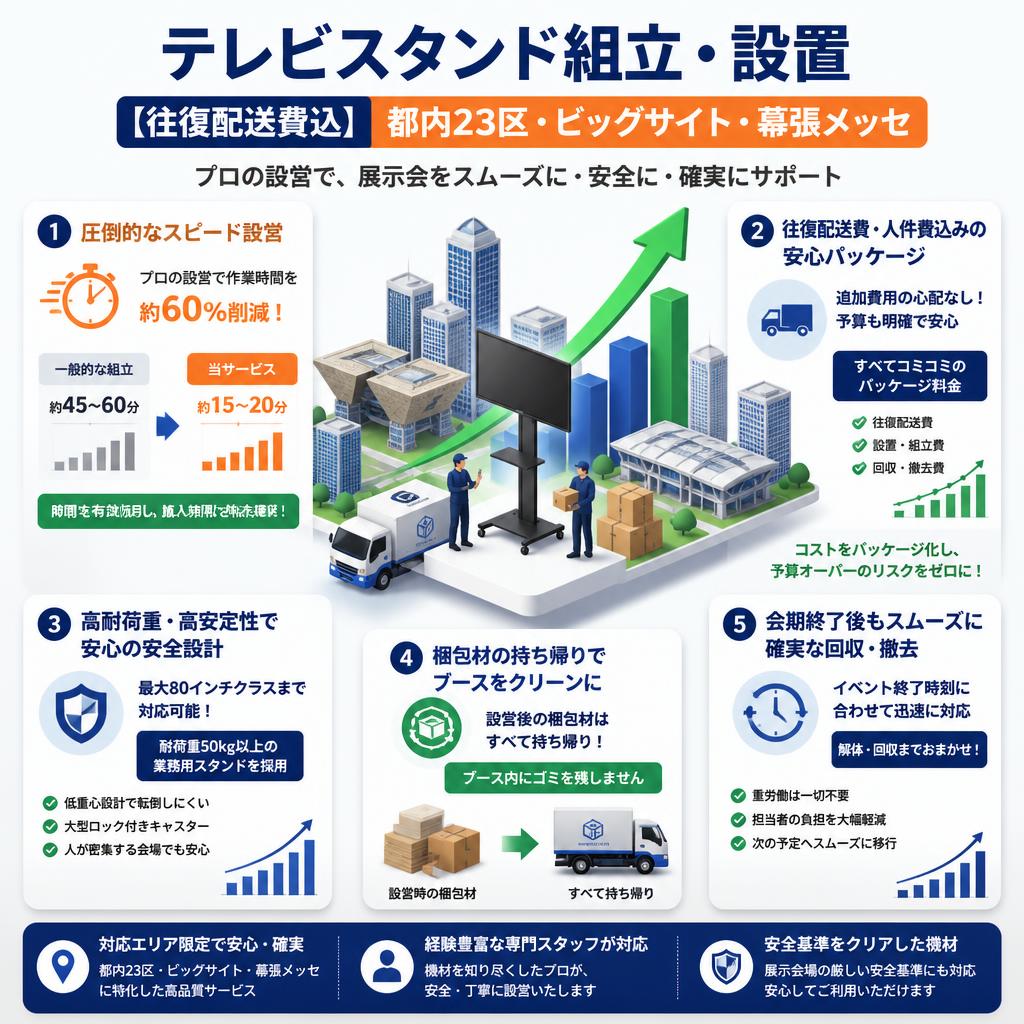 テレビスタンド組立  設置 【往復配送費込】都内23区•ビックサイト•幕張メッセ セールスポイント