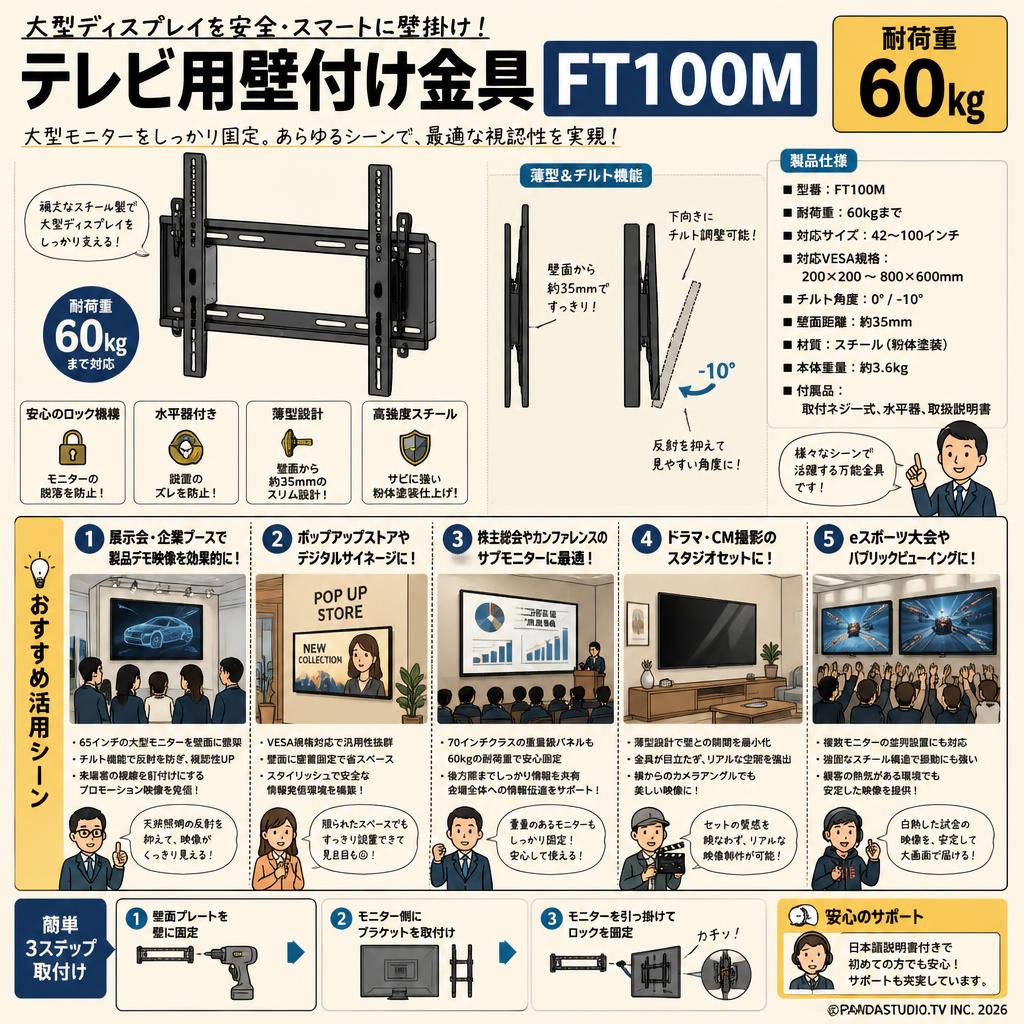 テレビ用壁付け金具 FT100M 耐荷重60kg 用途