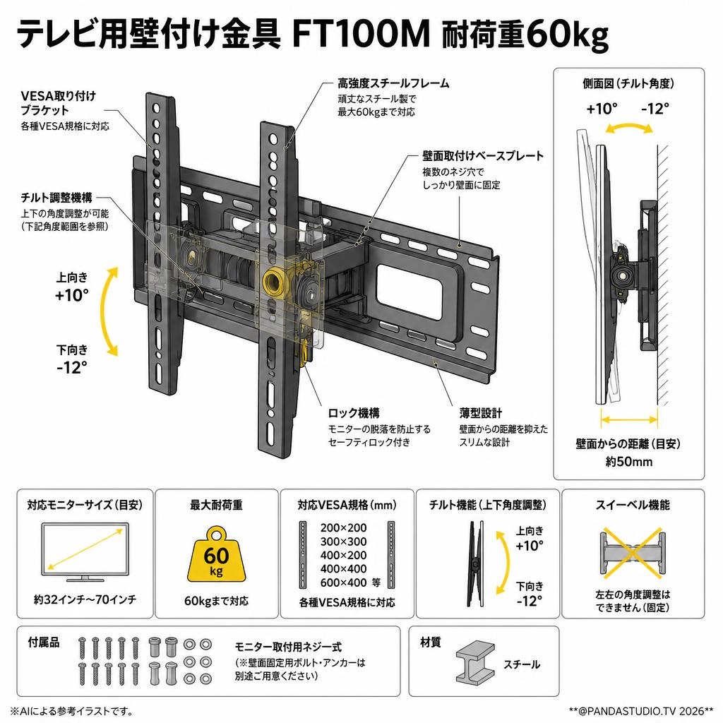 テレビ用壁付け金具 FT100M 耐荷重60kg スペック