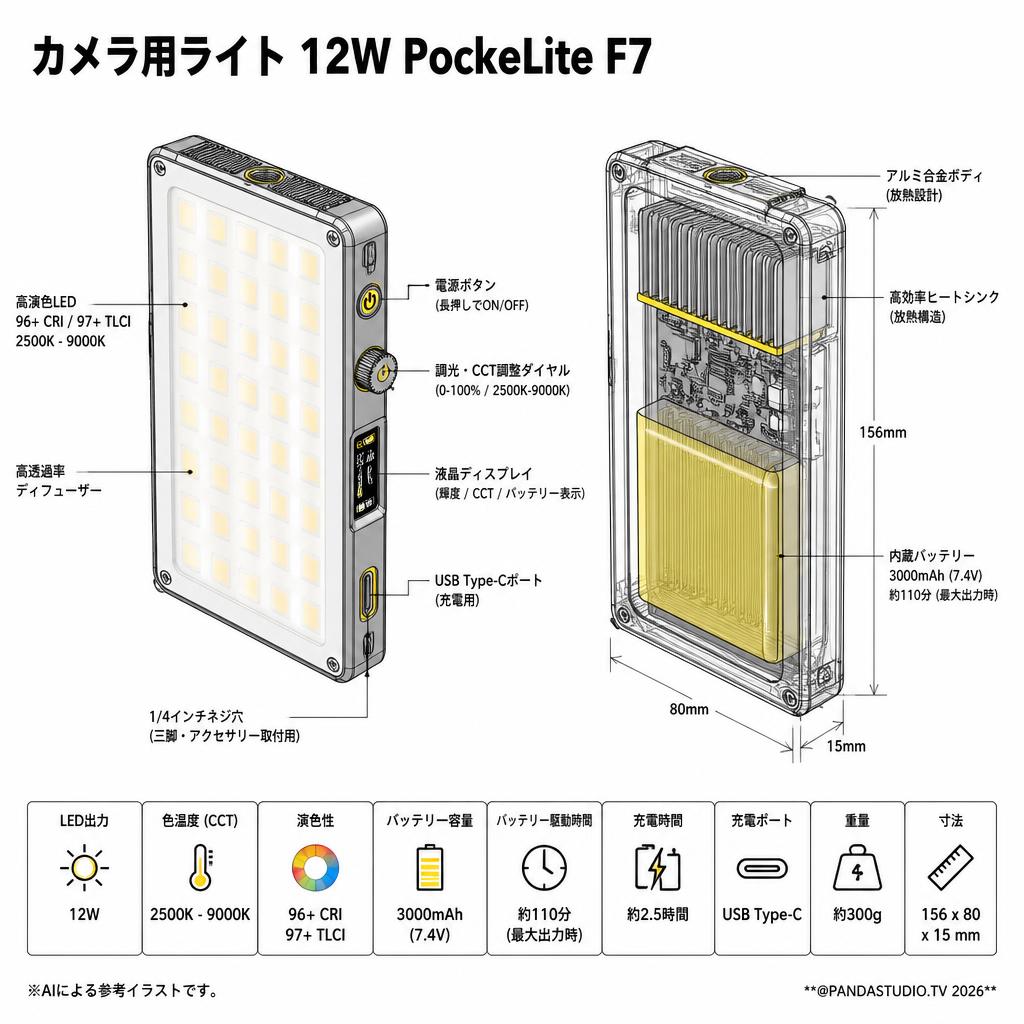 カメラ用ライト 12W PockeLite F7 スペック