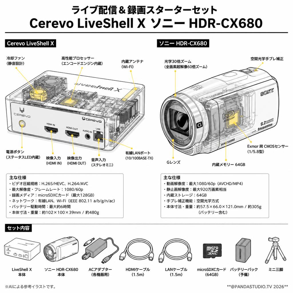 ライブ配信＆録画スターターセット Cerevo LiveShell X ソニー HDR-CX680 スペック