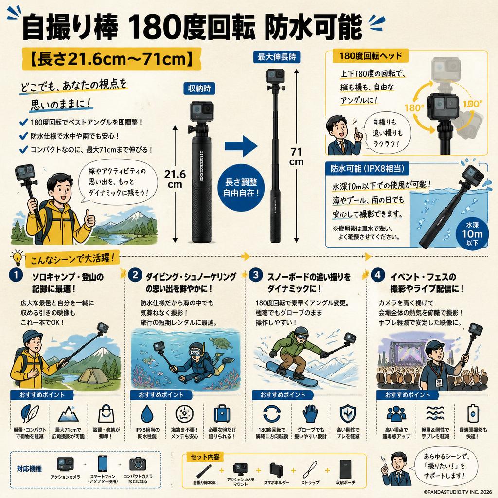自撮り棒 180度回転 防水可能【長さ21.6cm～71cm】 おもな対象のお客様