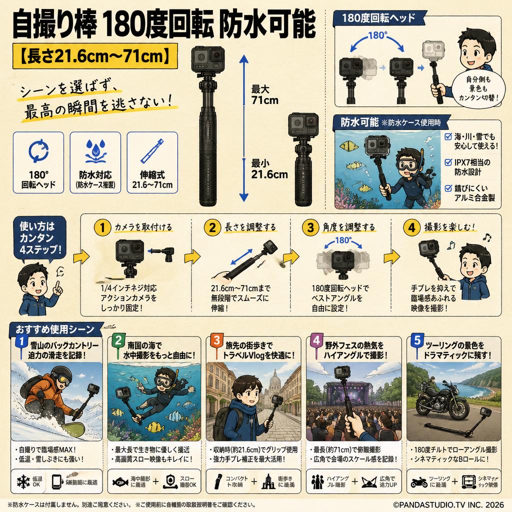 自撮り棒 180度回転 防水可能【長さ21.6cm～71cm】 用途