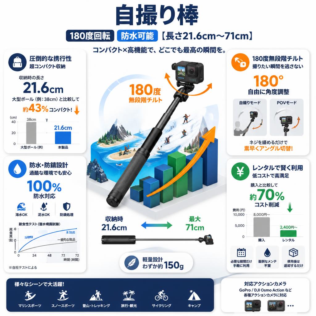 自撮り棒 180度回転 防水可能【長さ21.6cm～71cm】 セールスポイント