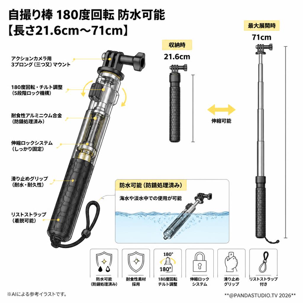自撮り棒 180度回転 防水可能【長さ21.6cm～71cm】 スペック
