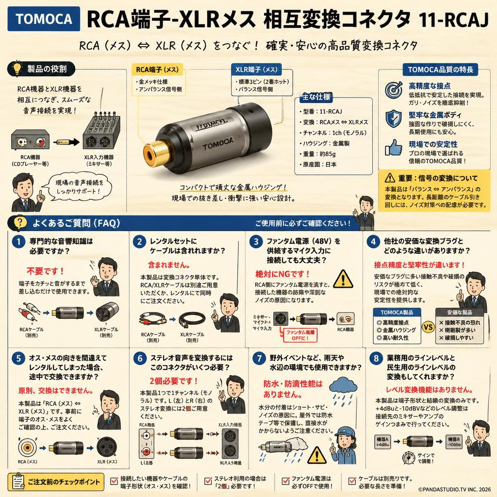 TOMOCA RCA端子-XLRメス 相互変換コネクタ 11-RCAJ FAQ（よくある質問と答え）